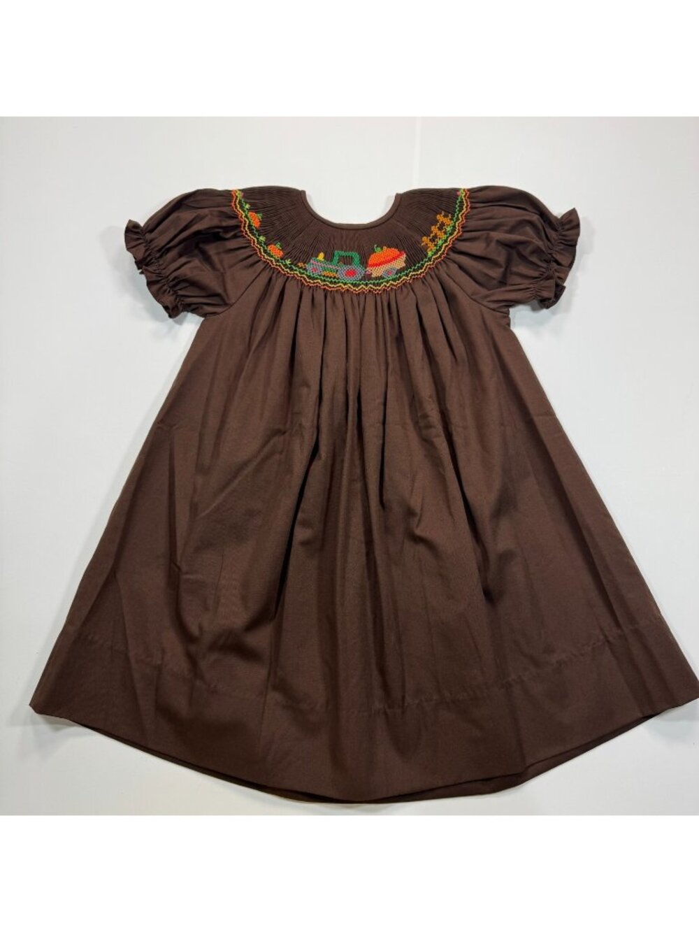Rosalina Dress Girl 2T Brown Polyester A-Line Embroidered Smocked Bishop Pleated